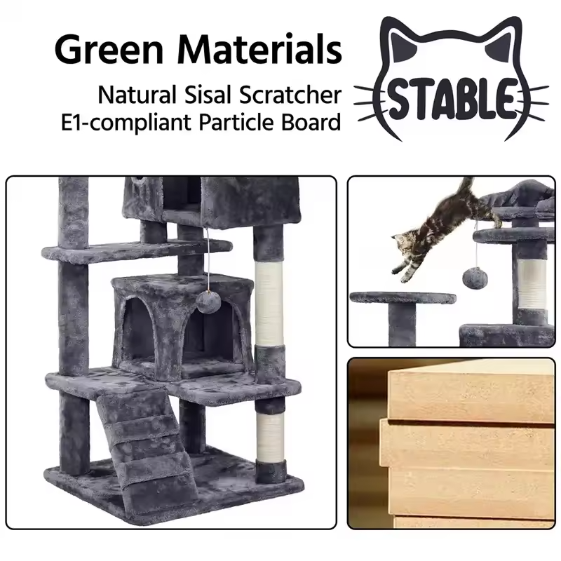 Cat tree material highlights – green materials, natural sisal scratcher, E1-compliant particle board