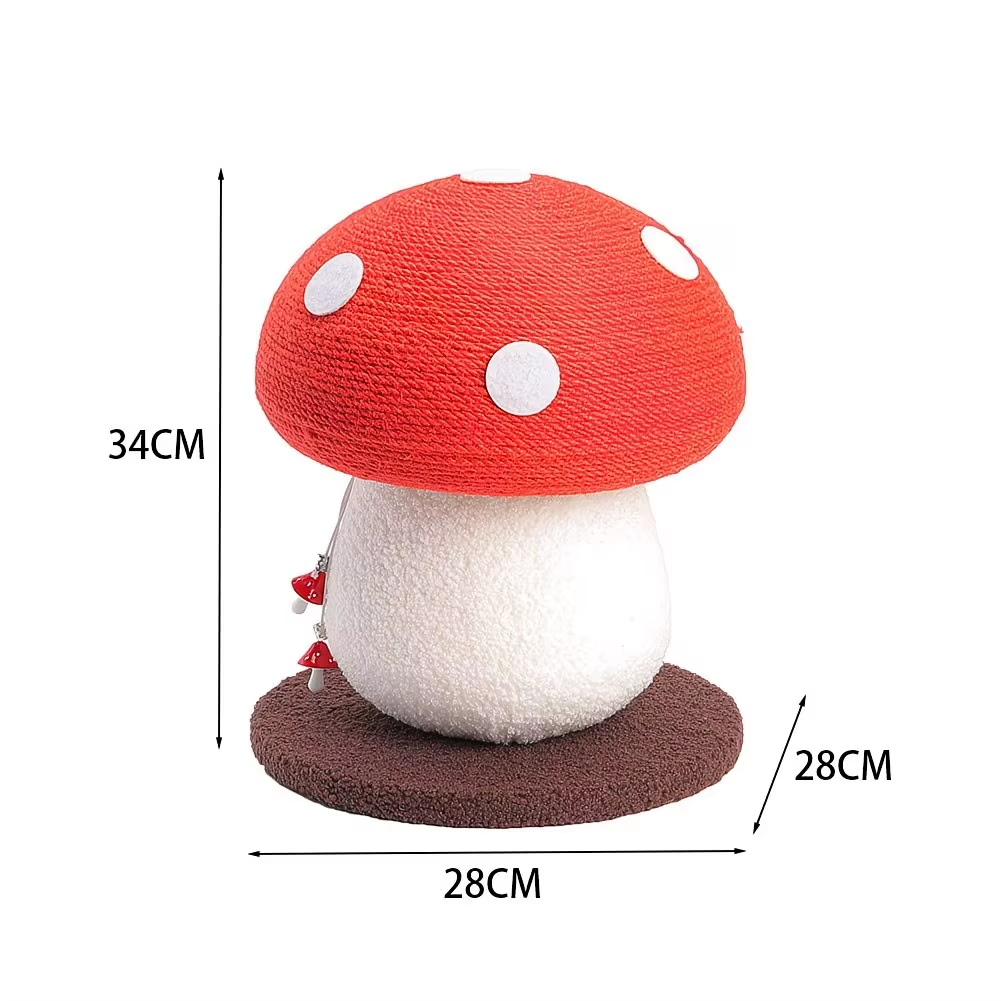 Red mushroom cat scratcher with size dimensions – 34cm x 28cm product shot