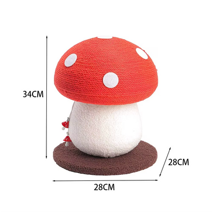 Red mushroom cat scratcher with size dimensions – 34cm x 28cm product shot
