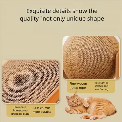 Material detail callout – raw pulp honeycomb cardboard and fine-woven jute rope ball