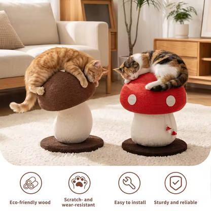Two cats sleeping on mushroom cat scratchers – brown and red lifestyle photo with feature icons