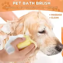 Yellow pet bath brush being used on dog during bath – lifestyle photo