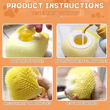 Product instructions showing how to fill and use the soap dispenser brush