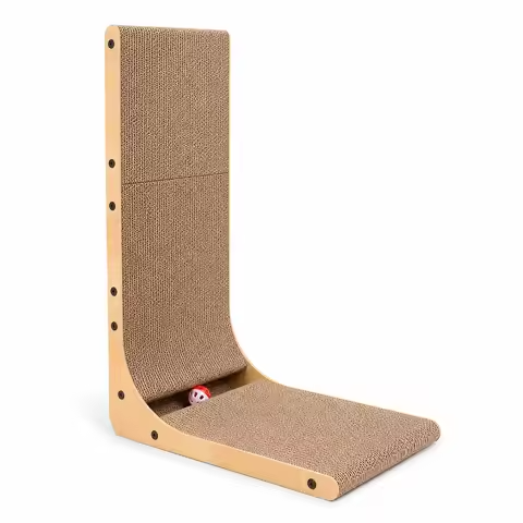 L-shaped cat scratcher product shot on white background with toy ball