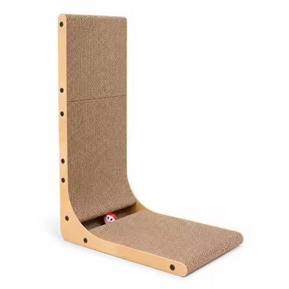 L-shaped cat scratcher product shot on white background with toy ball