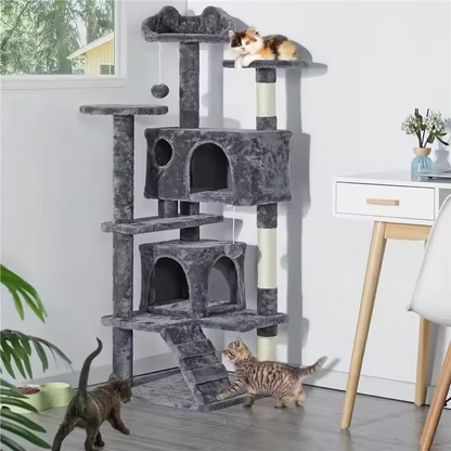 Two cats playing on grey multi-level cat tree in living room – lifestyle photo