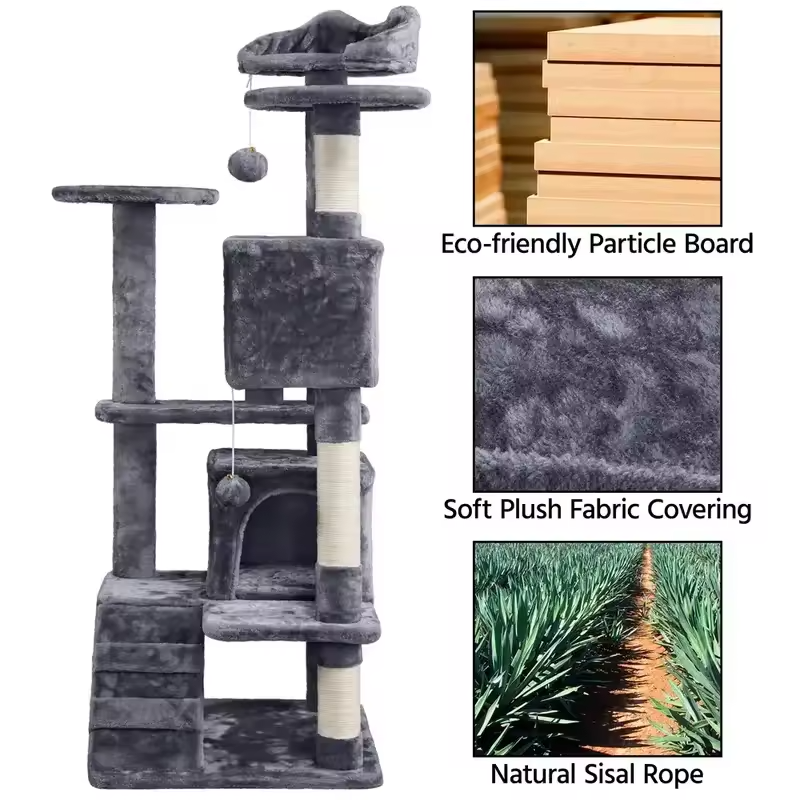 Cat stretching and climbing grey cat tree tower – full height lifestyle photo