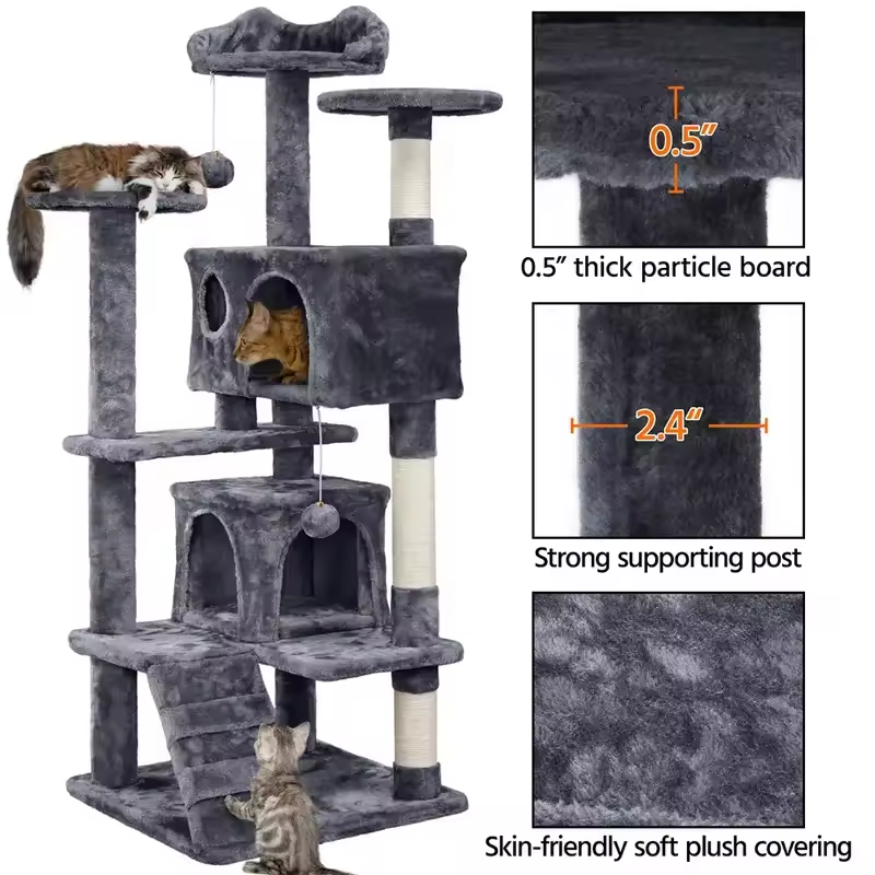 Grey cat tree with material callouts – eco-friendly particle board, plush fabric, natural sisal rope