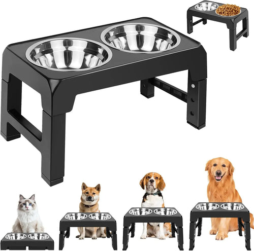 Raised Double Dog Bowl Stand with 2 x 1200ml Stainless Steel Bowls – Adjustable Height