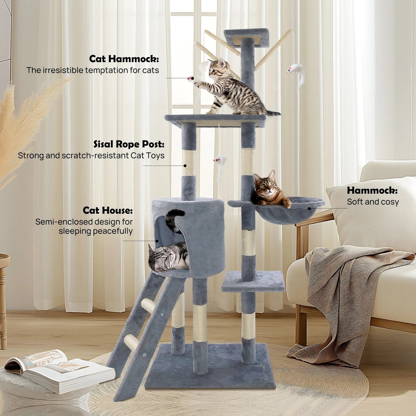 Large Cat Tree Tower – Multi-Level Cat Scratching & Climbing Activity Centre with Condos, Ladder & Sisal Posts